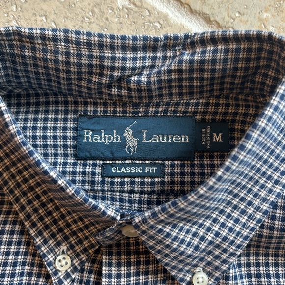 Ralph Lauren Men’s Medium classic fit plaid button down navy/tan/white - Picture 5 of 6